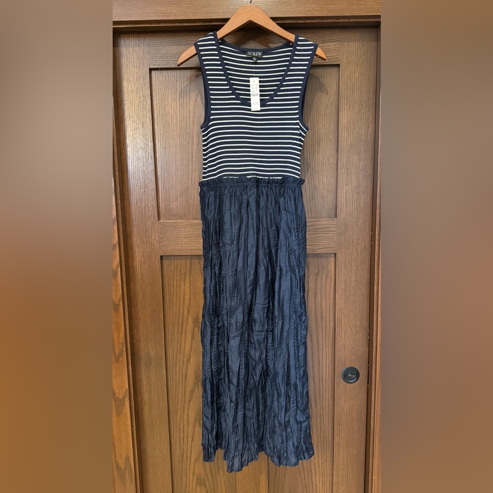 NWT J Crew Gathered-waist mixy dress in stripe—Medium—Navy - Picture 2 of 4